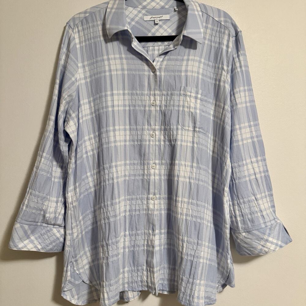 Foxcroft NYC‎ Womens Caspian Puckered Spring Plaid Button-Up Shirt 16 Blue